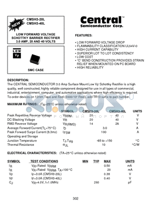 CMSH3-40L datasheet - LOW FORWARD VOLTAGE SCHOTTKY BARRIER RECTIFIER 3.0 AMP, 20 AND 40 VOLTS