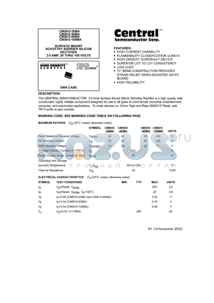 CMSH3-60MA datasheet - SURFACE MOUNT SCHOTTKY BARRIER SILICON RECTIFIER 3.0 AMP, 20 THRU 100 VOLTS