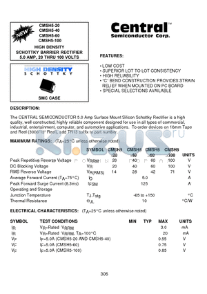 CMSH5-40 datasheet - HIGH DENSITY SCHOTTKY BARRIER RECTIFIER 5.0 AMP, 20 THRU 100 VOLTS