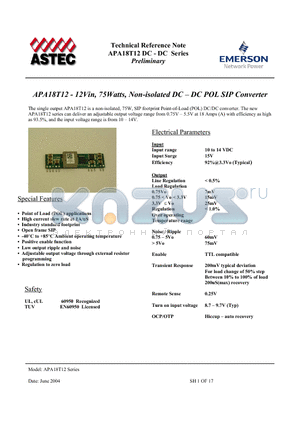 APA18T12 datasheet - 12Vin, 75Watts, Non-isolated DC - DC POL SIP Converter