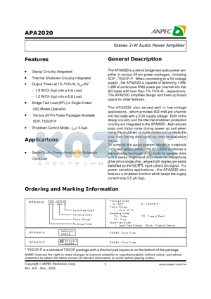 APA2020 datasheet - Stereo 2-W Audio Power Amplifier