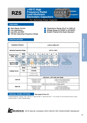 227RZS016M datasheet - 105`C High Frequency Radial Lead Aluminum Electrolytic Capacitors