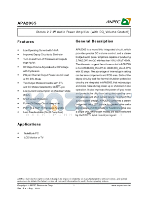 APA2065 datasheet - Stereo 2.7-W Audio Power Amplifier (with DC_Volume Control)