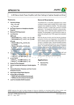 APA2057ARI-TRL datasheet - 2.4W Stereo Audio Power Amplifier (with Gain Setting) & Capfree Headphone Driver