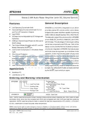 APA2068 datasheet - Stereo 2.6W Audio Power Amplifier (with DC_Volume Control)