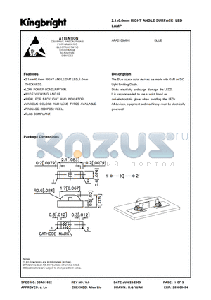 APA2106MBC datasheet - 2.1x0.6mm RIGHT ANGLE SURFACE LED LAMP