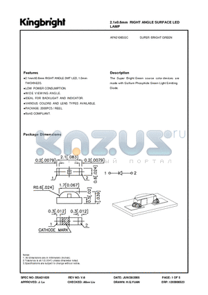 APA2106SGC datasheet - 2.1x0.6mm RIGHT ANGLE SURFACE LED LAMP