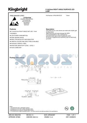 APA2106VGC/Z datasheet - 2.1x0.6mm RIGHT ANGLE SURFACE LED LAMP