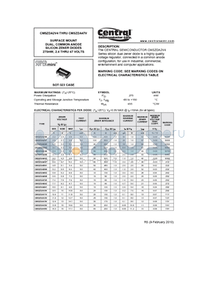 CMSZDA18V datasheet - SURFACE MOUNT DUAL, COMMON ANODE SILICON ZENER DIODES 275mW, 2.4 THRU 47 VOLTS