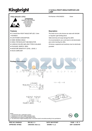 APA2106ZGC datasheet - 2.1x0.6mm RIGHT ANGLE SURFACE LED LAMP