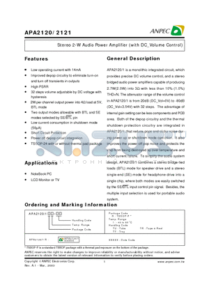 APA2121 datasheet - Stereo 2-W Audio Power Amplifier (with DC_Volume Control)