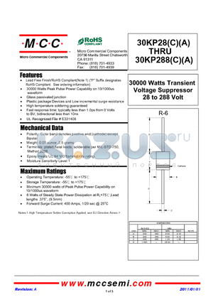 30KP144A datasheet - 30000 Watts Transient Voltage Suppressor 28 to 288 Volt