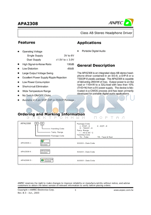 APA2308KITU datasheet - Class AB Stereo Headphone Driver