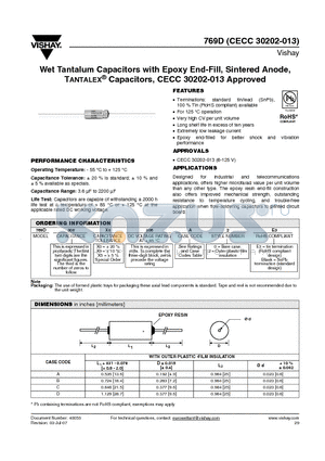 769D116X0100B2 datasheet - Wet Tantalum Capacitors with Epoxy End-Fill, Sintered Anode,TANTALEX^ Capacitors, CECC 30202-013 Approved