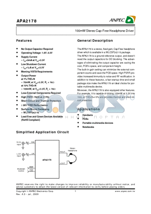 APA2178 datasheet - 100mW Stereo Cap-Free Headphone Driver