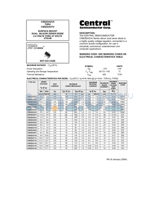 CMSZDA27V datasheet - SURFACE MOUNT DUAL, SILICON ZENER DIODE 2.4 VOLTS THRU 47 VOLTS