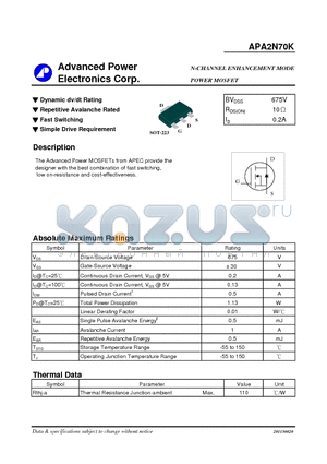 APA2N70K datasheet - N-CHANNEL ENHANCEMENT MODE POWER MOSFET