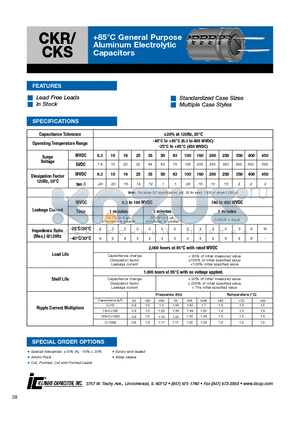 228CKS016MLU datasheet - 85`C General Purpose Aluminum Electrolytic Capacitors