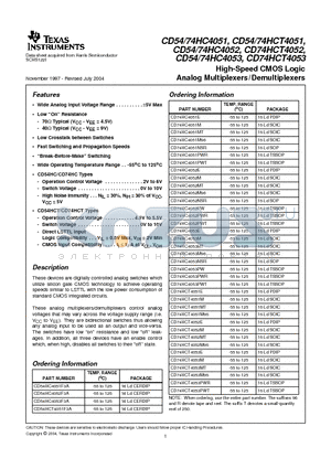 CD74HC4051E datasheet - High Speed CMOS Logic Analog Multiplexers/Demultiplexers