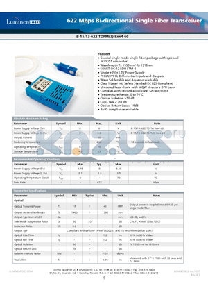 B-15-622-TDPM3-SFC4-60-G5 datasheet - 622 Mbps Bi-directional Single Fiber Transceiver