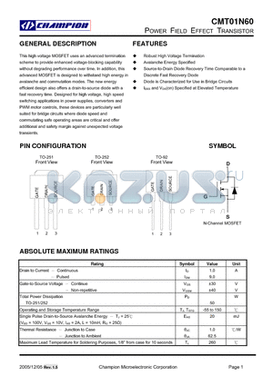 CMT01N60N92 datasheet - POWER FIELD EFFECT TRANSISTOR