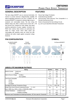 CMT02N60XN220 datasheet - POWER FIELD EFFECT TRANSISTOR