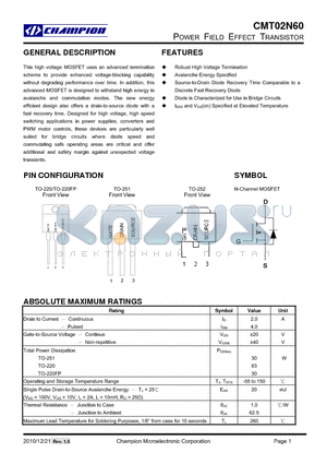 CMT02N60XN251 datasheet - POWER FIELD EFFECT TRANSISTOR