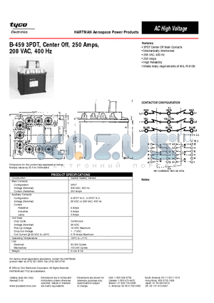 B-459 datasheet - B-459 3PDT, Center Off, 250 Amps, 208 VAC, 400 Hz