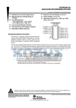 CD74HC4051QM96G4Q1 datasheet - ANALOG MULTIPLEXER/DEMULTIPLEXER