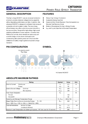 CMT08N50N220 datasheet - POWER FIELD EFFECT TRANSISTOR