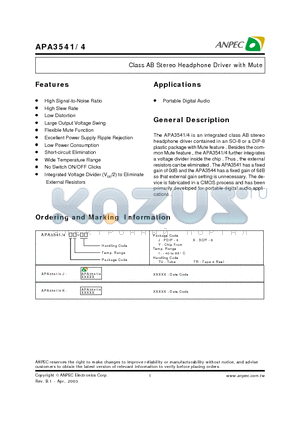 APA3541JI-TR datasheet - Class AB Stereo Headphone Driver with Mute