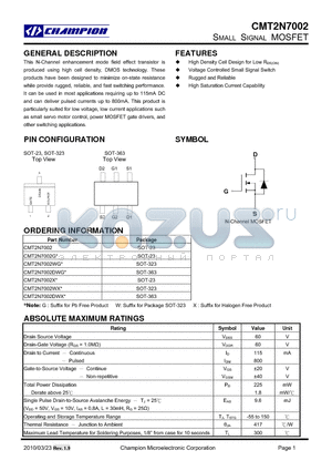 CMT2N7002 datasheet - SMALL SIGNAL MOSFET