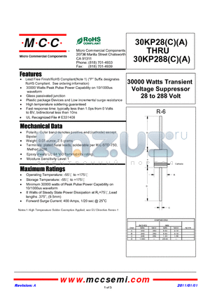 30KP39CA datasheet - 30000 Watts Transient Voltage Suppressor 28 to 288 Volt