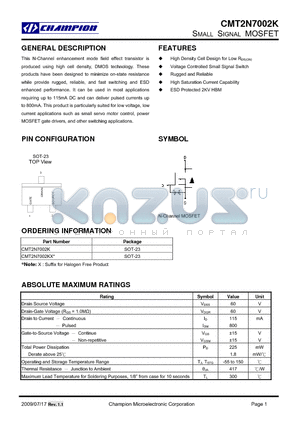 CMT2N7002KX datasheet - SMALL SIGNAL MOSFET