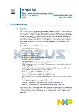 A7001AGHN3 datasheet - Secure authentication microcontroller 100 kbit/s I2C slave interface