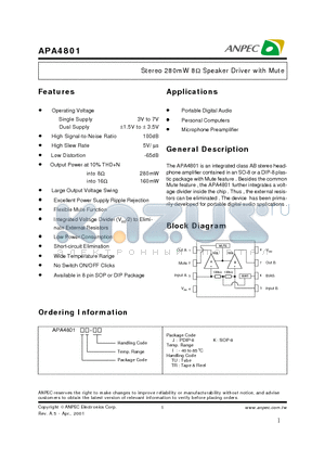 APA4801JI-TR datasheet - Stereo 280mW 8 OHM Speaker Driver with Mute