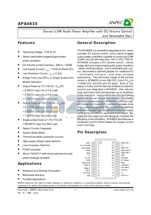 APA4835 datasheet - Stereo 2.8W Audio Power Amplifier with DC Volume Control and Selectable Gain