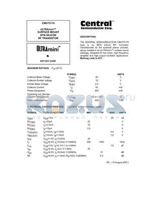 CMUT5179 datasheet - ULTRAmini. SURFACE MOUNT NPN SILICON RF TRANSISTOR