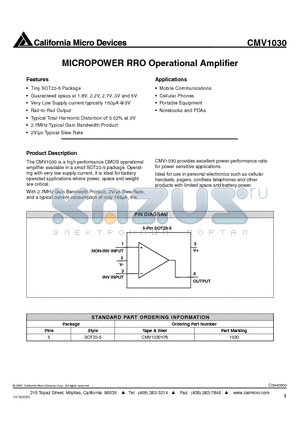 CMV1030 datasheet - MICROPOWER PRO OPERATIONAL AMPLIFIER