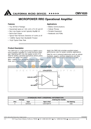 CMV1020YR datasheet - MICROPOWER PRO OPERATIONAL AMPLIFIER