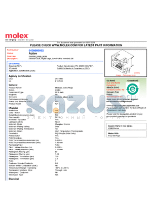 43860-0002 datasheet - Modular Jack, Right Angle, Low Profile, Inverted, 6/6