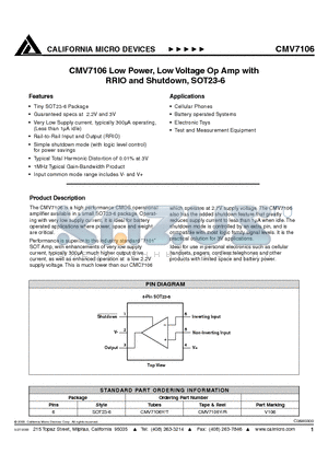 CMV7106YR datasheet - CMV7106 LOW POWER, LOW VOLTAGE OP AMP WITH RRIO AND SHUTDOWN, SOT23-6