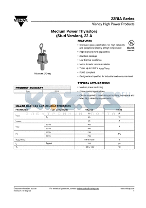 22RIA datasheet - Medium Power Thyristors (Stud Version), 22 A