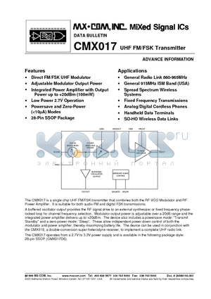 CMX017 datasheet - UHF FM/FSK Transmitter