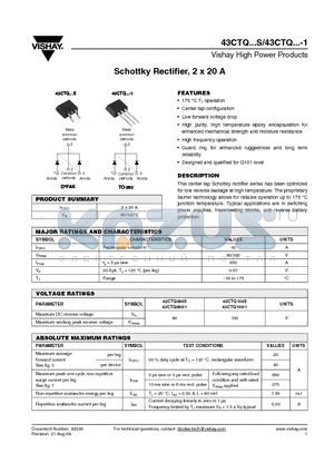 43CTQ080-1 datasheet - Schottky Rectifier, 2 x 20 A
