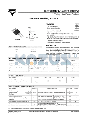 43CTQ080GPBF datasheet - Schottky Rectifier, 2 x 20 A