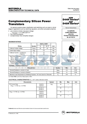 D44H10 datasheet - COMPLEMENTARY SILICON POWER TRANSISTORS