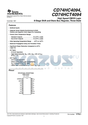 CD74HC4094 datasheet - High Speed CMOS Logic 8-Stage Shift and Store Bus Register, Three-State