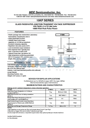 15KP130CA datasheet - GLASS PASSIVATED JUNCTION TRANSIENT VOLTAGE SUPPRESSOR
