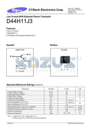 D44H11J3 datasheet - Low Vcesat NPN Epitaxial Planar Transistor